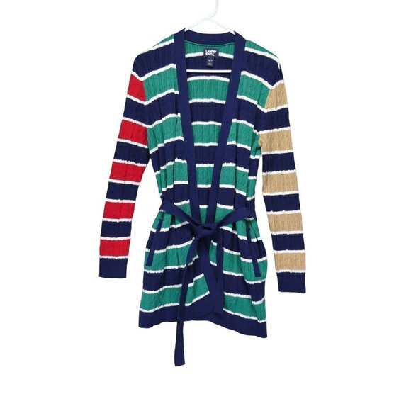Lands End Cable Knit‎ Tie Front Cardigan Size M Tall 10-12 Stripe Green Red Blue - Picture 3 of 12